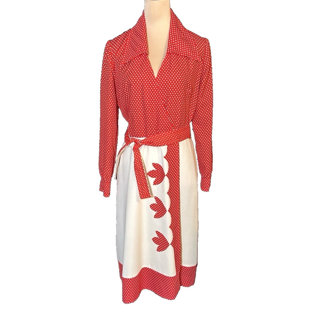 Vintage 1970s Mod Red Polka Dot Midi Wrap Dress Floral Applique Herman Marcus